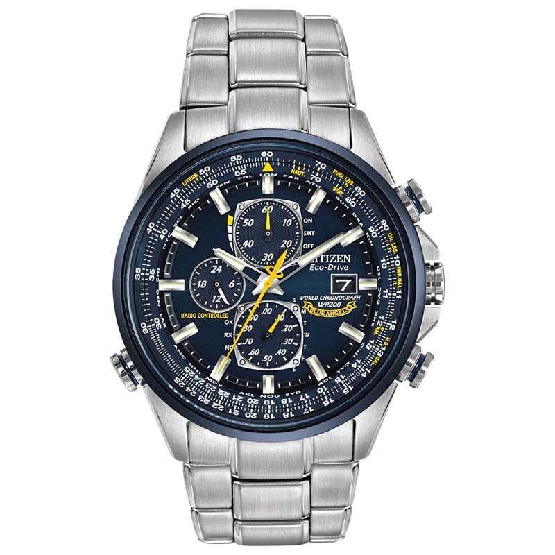 Men S St Blue Angels Edition World Chronograph A T Citizen Eco Drive Watch W Blue Dial Yellow Accents At8020 54l