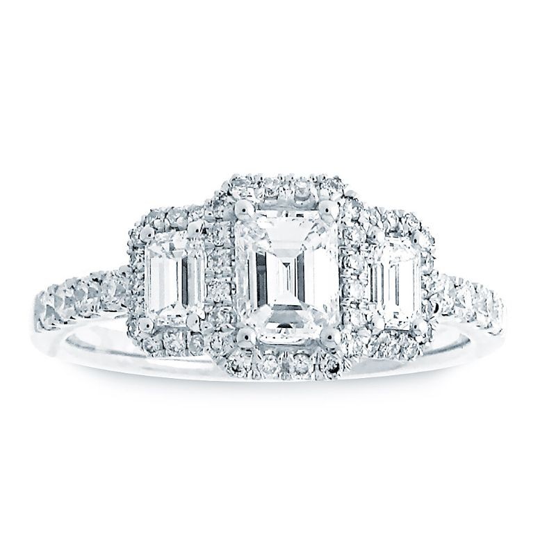 14KW 3-Stone Emerald Cut Halo Diamond Engagement Ring - WR7775/96556