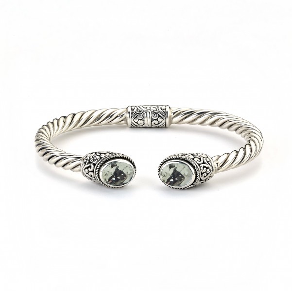 Samuel B. Sterling Silver Oval Geeen Quartz Twisted Cable Bangle