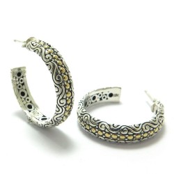 Samuel B. Sterling Silver/18KY Balinese Design Hoop Earrings