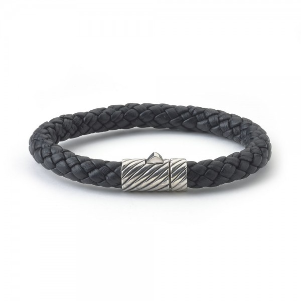 Samuel B. Sterling Silver Men's Black Leather Bracelet with Twisted Lock