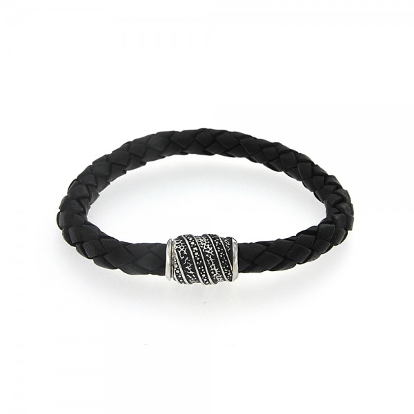 Samuel B. Sterling Silver Hammered Imperial Men's Black Leather Bracelet