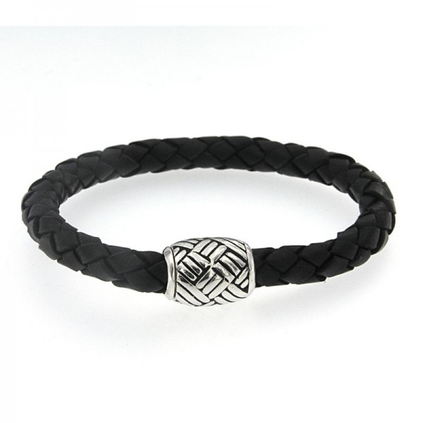 Samuel B. Sterling Silver Woven Design Black Leather Bracelet