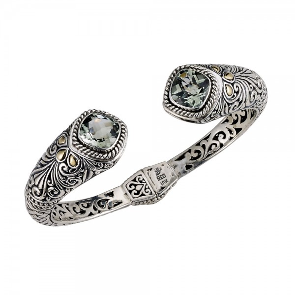 Samuel B. Sterling Silver/18KY Hinged Bangle w/Cushion Cut 10mm Green Quartz
