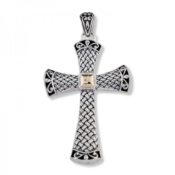 Samuel B. Sterling Silver/18KY Cross Pendant with Gold Center