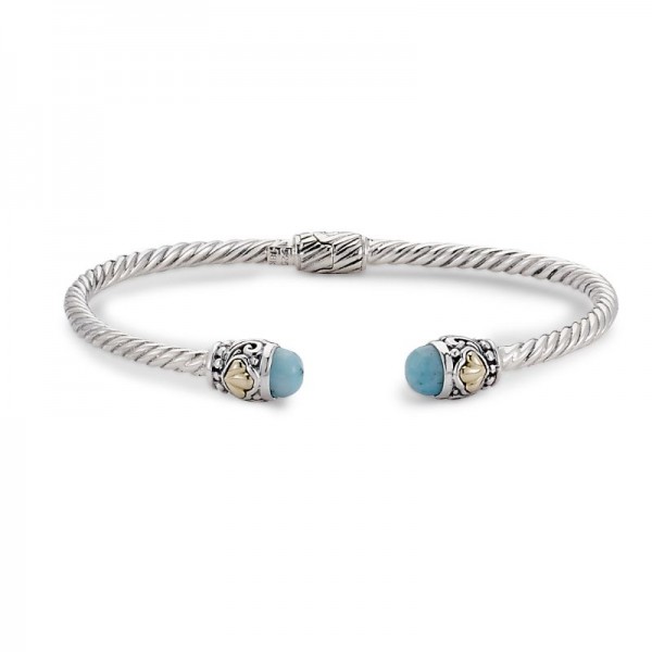 Samuel B. Sterling Silver/18KY 3mm Twisted Cable Bangle with Larimar Endcaps