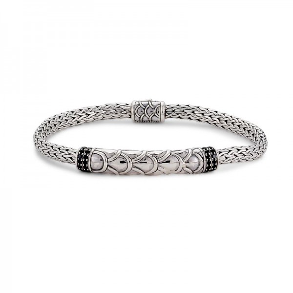 Samuel B. Sterling Silver 5mm Tulang Naga Bar Bracelet with Pave Black Spinel