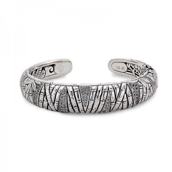 Samuel B. Sterling Silver Bamboo Design Pave White Topaz Bangle
