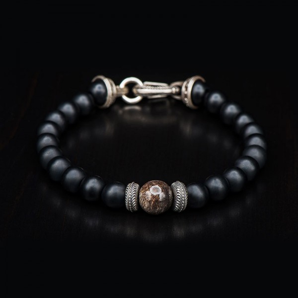 William Henry Sterling Clasp and Onyx Beads with Mammoth Tooth Bracelet