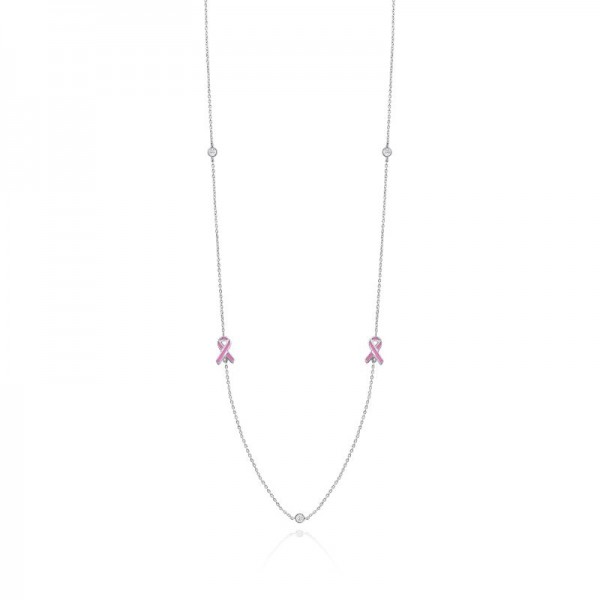 14KW Pink Ribbon & Diamond Station Necklace