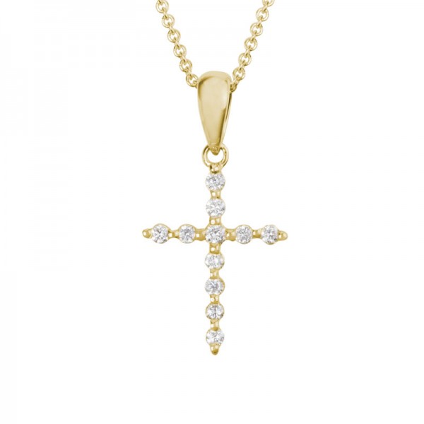 14KY Gold Diamond Cross Pendant 0.11ctw Round Diamonds on Adjustable Chain 16
