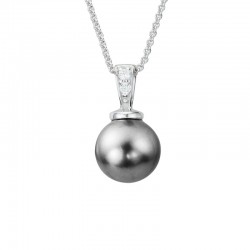 14K White Gold Tahitian Pearl Pendant with 2 Round Diamonds 0.02ctw, on 16