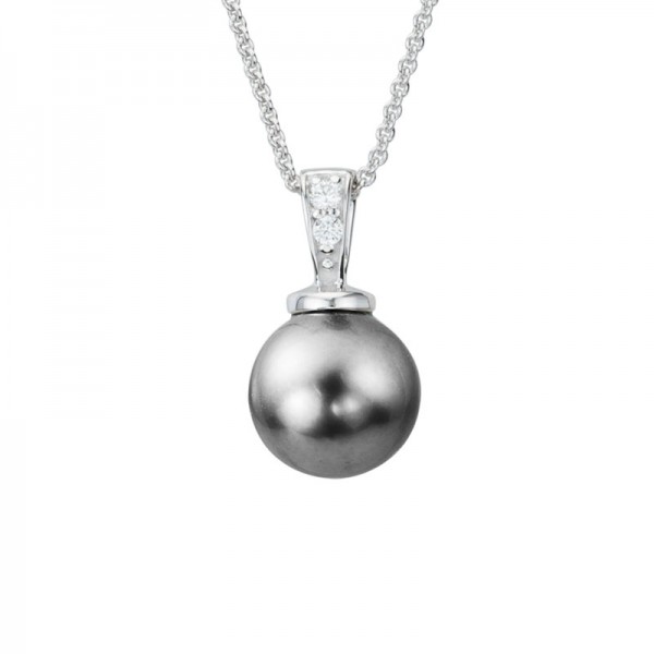 14K White Gold Tahitian Pearl Pendant with 2 Round Diamonds 0.02ctw, on 16
