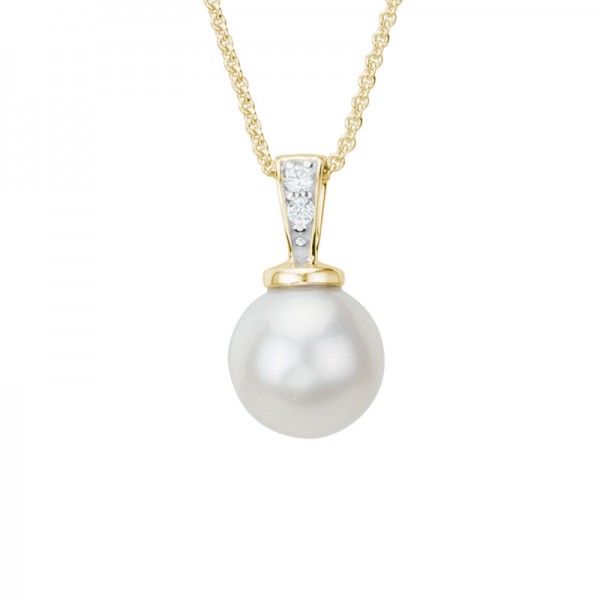 14K Yellow Gold  8mm Freshwater Pearl and Diamond Pendant, Round Diamonds .02ctw