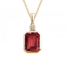 14K Yellow Gold Emerald Cut Garnet Pendant with 0.03ct Round Diamond