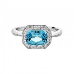 14KW Blue Topaz & Diamond Halo Ring