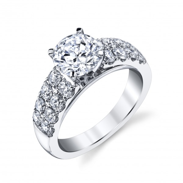 14K White Gold Diamond Semi-Mount With Cathedral Style Double Row Shank For A 1.50Ct Round Stone .94Ct Tw 4 Prong Microprong
