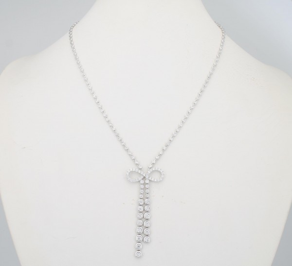 18K White Gold Diamond Bow Drop Necklace