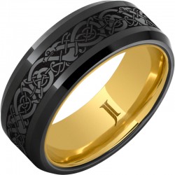 Black Diamond Ceramic™ Beveled Edge Viking Engraved Band with Gold Interior
