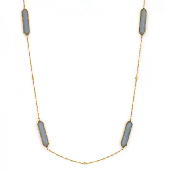 18KY Blue Long Hexagons with Lace Agate & Diamond Necklace