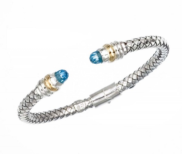 18K/Sterling Silver Thin Basketweave Cuff With Faceted Blue Topaz