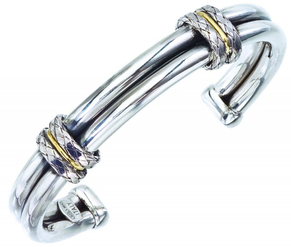 Sterling Silver Double Tube Mens Black Rhodium Bracelet With 2 Basket Weave And 18K Gold Stations