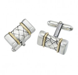 18K/Sterling Silver Basket Weave Bar Cufflinks W/Gold Ends