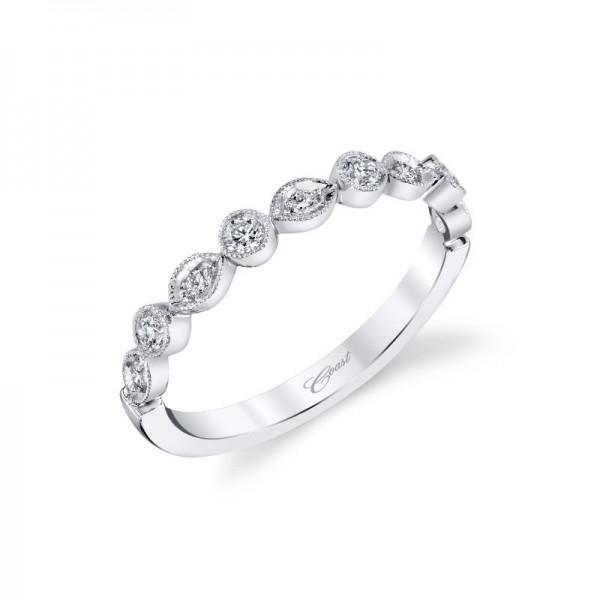 14K White Diamond Band With Miligrain Edge 9 Round Diamonds .16ct tw