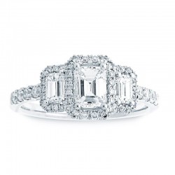 14KW 3-Stone Emerald Cut Halo Diamond Engagement Ring