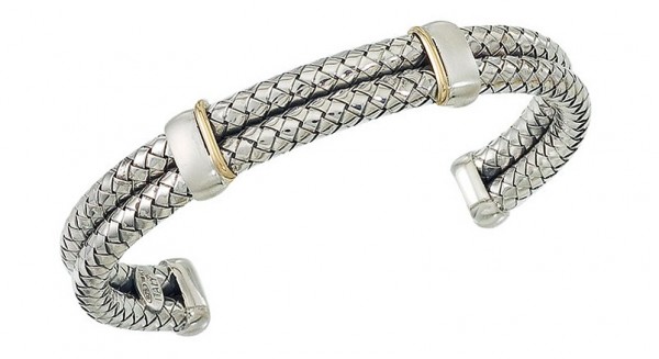 Sterling Silver And 18Kt Yellow Double Mens Cuff With 2 Satin Stations