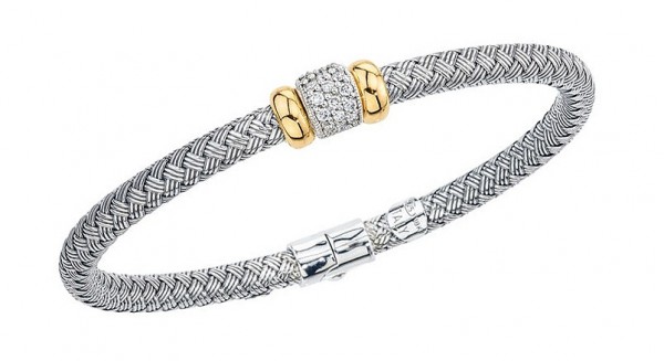 Sliver Ridged Weave Bangle With .29Ctw Diamond Station And 18K Gold Rondells