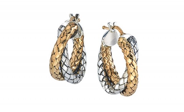 Crossover Basket Weave Round Hoop Earrings- 1 Row 18Ky,1 Row Silver, 18Ky Closing
